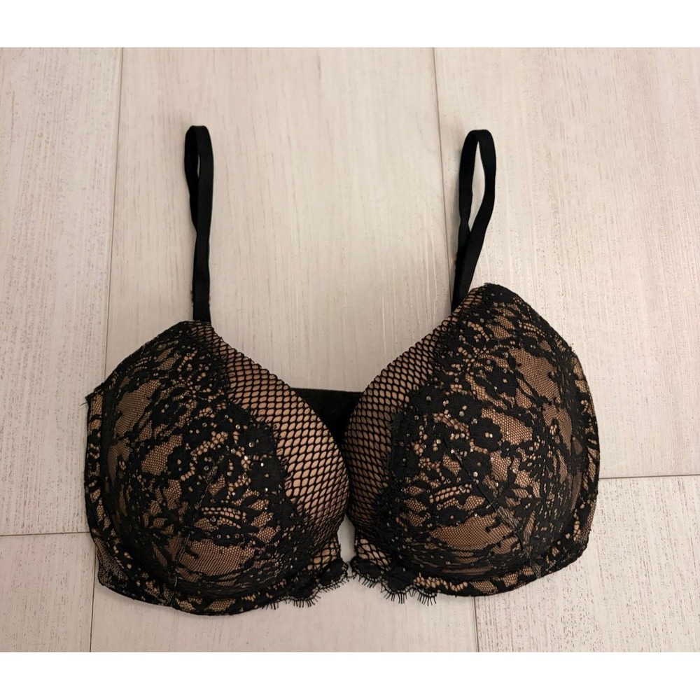 Victoria's Secret Very Sexy Push-Up Bra Sz 34DD Black Nude Lining Rhinestone‎